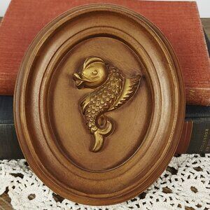 Vintage Chalkware Fish Wall Plaque, Brown and Gold